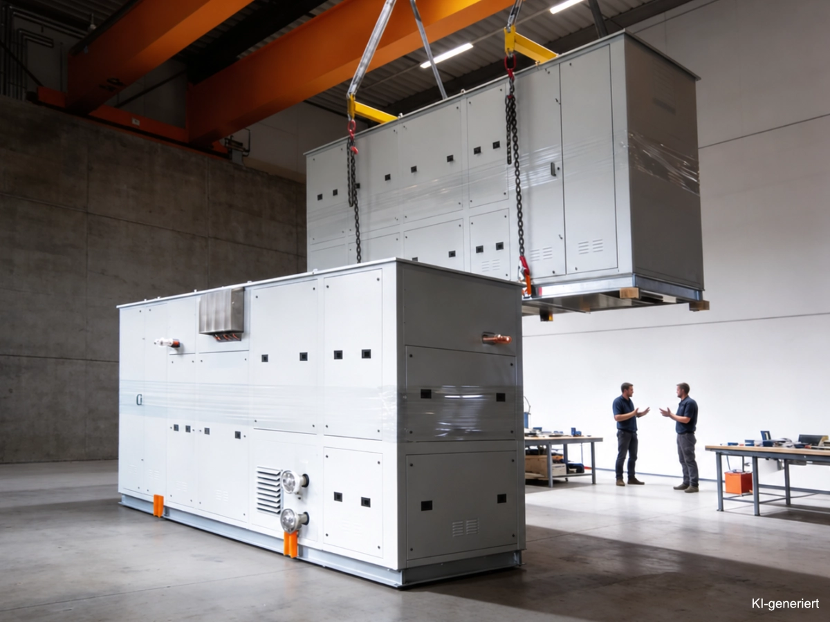 co2-chiller-aussenaufstellung-gehaeuse-transport Zwei verkleidete CO₂-Chiller für die Außenaufstellung beim Transport in der Fertigungshalle